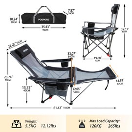 POEPORE Reclining Camping Chair with Removable Footrest Lounge Chair with Headrest, Cotton Cushion, Portable Adjustable Folding Chairs for Adults