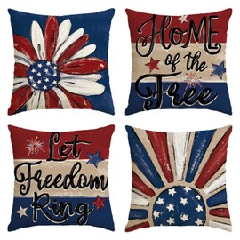 AVOIN colorlife Let Freedom Ring Stars Fireworks Red White Flower Throw Pillow Covers, 20 x 20 Inch 4th of July Patriotic Independence Memorial Day USA Flag Cushion Case for Sofa Couch Set of 4