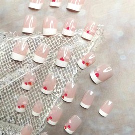 Valentine's Day Press on Nails Short Square French Tip Fake Nails Glue on Nails Nude False Nails with Heart Design Valentine Acrylic Nails Full Cover Glossy Cute Artificial Nails for Women Girls 24Pcs