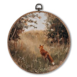 Lengues Vintage Antique Fox Fall Round Wall Art Decor, Rustic Fall Woodland Animal Round Wall Decor, Cottagecore Canvas Framed Art Prints, Autumn Forest Aniaml Hanging Frame for Home Room 10x10 Inch