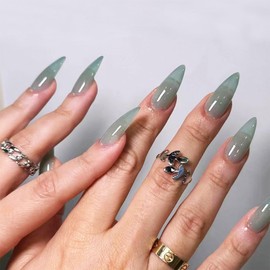 Jade Green Press on Nails 24Pcs for DIY Manicure Medium Almond Glossy Light Green Acrylic False Nails Emerald Green Fake Nails Gel Glue on Nails Stick on Nails for Coquette Women Girls Simple Design