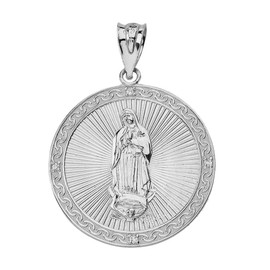 Religious Jewelry 925 Sterling Silver Our Lady Of Guadalupe Miraculous Round Medal CZ Pendant (Large)