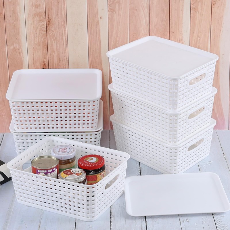 Hespama White Lidded Storage Baskets, Plastic Desktop Organizer Baskets, 6