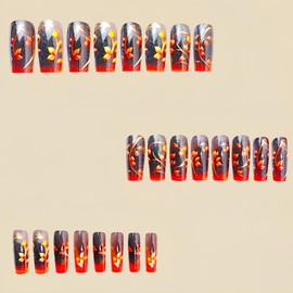 Flower Press on Nails Medium Square Nails Brown Floral Pattern Design False Nails Full Cover Glossy Stick on Nails Artificial Acrylic Nails Glitter Nails 24Pcs Reusable Glue on Nails for Women