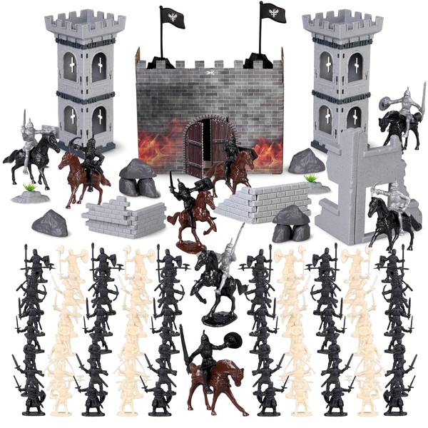 254PCS Medieval Castle Knights Toys Ancient Soldier Warriors Figures Toy Army Men Action Figure Playset Plastic Military Base Set Toy with Cavalry Arrow Tower Storage Bag Gift for Boys Girls Kids 3+