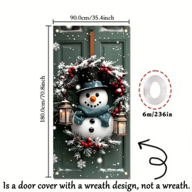 Tomhong Christmas Door Cover Banner Snowman Wreath Lanterns 71x35 Inch Holiday Door Sign for Front Door Winter Berry Door Cover for Xmas Party Home Porch Outdoor Decor