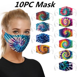[US Stock] 10 Packs Tie Dye Cute Design Women Girls Face _Mask_Protect_Cover Washable Reusable With Nose Wire，Adjustable Earloops，Filters Pocket Insert (Multicolor-6)