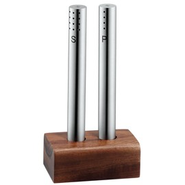 WMF Salt and Pepper Shakers Set of 2 Small Salt and Pepper Shakers, Cromargan Matte Stainless Steel, Wooden Stand