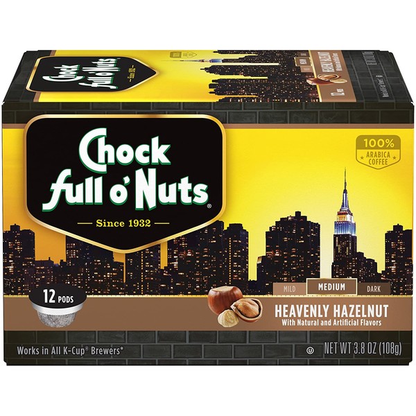 Chock Full o’Nuts Heavenly Hazelnut Medium Roast, K-Cup Compatible Pods (12 Count) – Premium Arabica Coffee in Eco-Friendly Keurig-Compatible Single Serve Cups