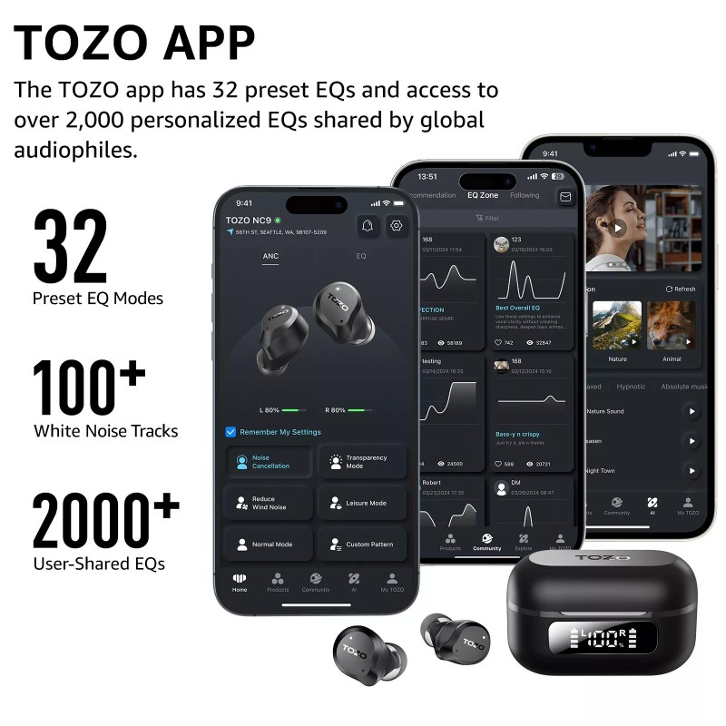 TOZO Active Noise Cancellation Wireless Earbuds IPX8 Waterproof Matte Black