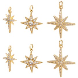 Beebeecraft 6Pcs 3 Styles Cubic Zirconia Star Charms 18K Gold Plated Brass North Star Charms with Jump Rings for Star Theme DIY Crafts Jewelry Making
