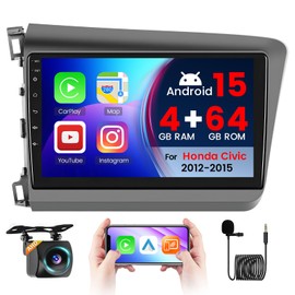 4+64G Realdio Android 15 Car Radio for Honda Civic 2012-2015 with Wireless CarPlay/Android Auto, 9 Inch Touch Screen Car Stereo for Civic, Bluetooth 5.0, FM/RDS, 32EQ, GPS, WiFi, UI, Backup Camera