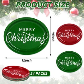 Christmas Oval Paper Plates 12"x10" Heavy Duty Xmas Red Green Party Plates Merry Christmas Disposable Dinner Plate for Holiday Wedding Birthday Picnic Family Gatherings Party Supplies, 24 Pcs