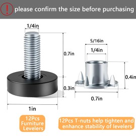 Celuisiva 1/4" Thread Leveling Feet, 12 PCS Furniture Levelers with T-Nuts, Adjustable Furniture Feet Threaded Screw in, Table Levelers for Adjusting Individual Furniture Feet