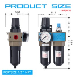 NANPU 1/2" NPT Compressed Air Filter Regulator Lubricator (FRL), 5 Micron Brass Element, 0-150 psi Gauge, Manual Drain, Metal Bracket
