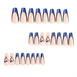 BAOYAALIN Press on Nails Long Coffin French Tips Blue Glitter Fake Nails with Heart Design Gel Glue on Nails for Women Acrylic False Stick on Nail Manicure Decorations for Wedding 24Pcs