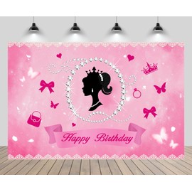 CHNYWORK 9x6ft Happy Birthday Backdrop Girls Birthday Pink Theme Baby Doll Birthday Butterfly Crown Diamond Background Pink Theme Baby Doll Birthday Baby Shower Party Decor Props