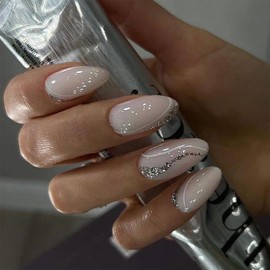 SINHOT Medium Press on Nails Almond Fake Nails Glossy Glue on Nails Silver Glitter Stripes Acrylic Nails Stiletto Artificial Nails White Line False Nails with Design 24 pcs