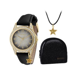Tikkers Girl's Black Star Analogue Quartz Watch, Necklace and Glitter Purse Gift Set