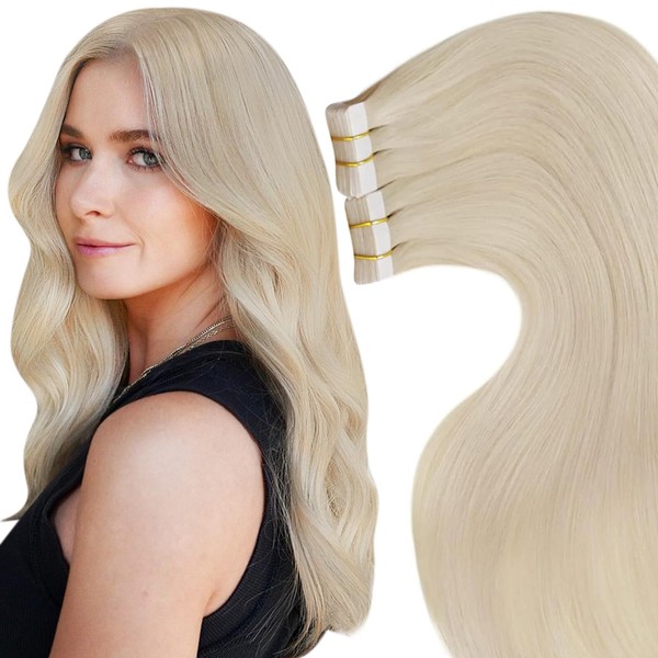 LaaVoo Tape Extensions, Real Hair, Remy Tape-In Extensions, 50 g, 20 Pieces, 40 cm Extensions, Light Blonde, #613