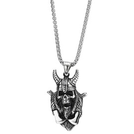 COOLSTEELANDBEYOND Men Steel Vintage Viking Helmet Horn Ax Pirate Skull Pendant Necklace, 30 inches Wheat Chain, Gothic