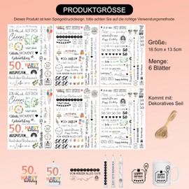 Sugeru® 6 X DIN A5 kerzenfolie(200+Muster) - 50. geburtstag, Kerzentattoo Wassertransferdruck | Wasserschiebefolie kerzen dekorieren,kerzenaufkleber sticker,deko 50 geburtstag geschenk Birthday(50)