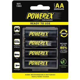 Powerex Precharged Rechargeable AA NiMH Batteries (1.2V, 2600mAh) - 4-Pack (MHRAAP4)
