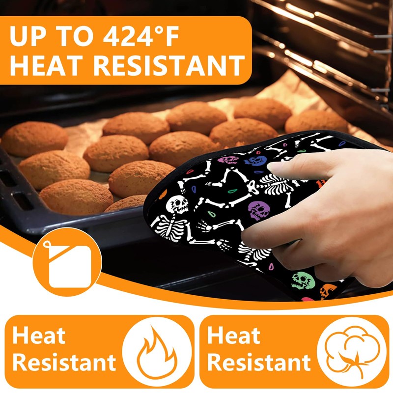 Colorful Skull Oven Mitts and Pot Holders Sets 4Pcs,Heat Resistant