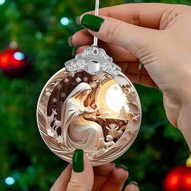 2025 Christmas Ornament with Story Card, Stained Glass, Christmas Tree 4 Inch Acrylic Ornament Art, White Elephant Gifts Car Interiors Decors, White Nativity Design, Religious Christmas Ornament