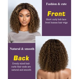 FASHION IDOL Short Curly Bob Human Hair Wig Precut Preplucked Glueless Wear and Go Lace Wig 200% Density Upgraded Invisible Secret Glueless Human Hair Ready to Wear Wigs