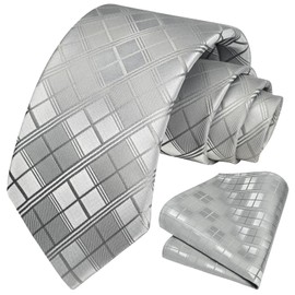 HISDERN Grey Ties for Men Silver Plaid Mens Ties with Pocket Square Set Formal Mens Satin Checkered Gray Silk Neckties Handkerchiefs Business Wedding