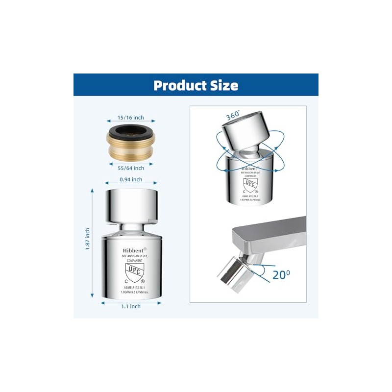 Hibbent NSF/ANSI/CAN 61 Certified Faucet Aerator, CUPC Certification 360° Swivel