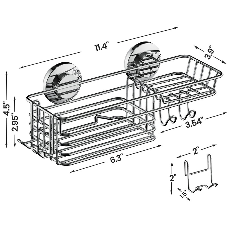 LEVERLOC Shower Caddy Suction Cup, Silver Shower Shelf with Hooks