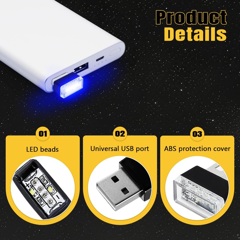 Wuyaoyao 4PCS USB LED Car Interior Atmosphere Lamp, Plug-in USB