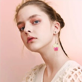 Seakuur Cute Pearl Milk Tea Cup Stud Earrings Cartoon Bubble Tea Earrings for Women Fun Foodie Jewelry, Large, Metal, No Gemstone