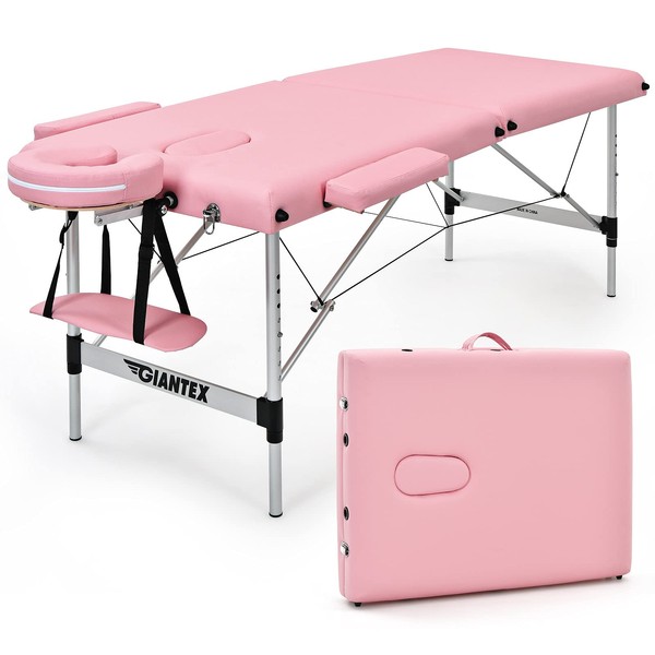 Giantex Portable Massage Table 84inch, Folding Lash Bed Aluminium Frame, Height Adjustable, 2 Fold Professional Facial Salon Tattoo Massage Bed Face Cradle Armrests Headrest Carrying Bag (Pink)