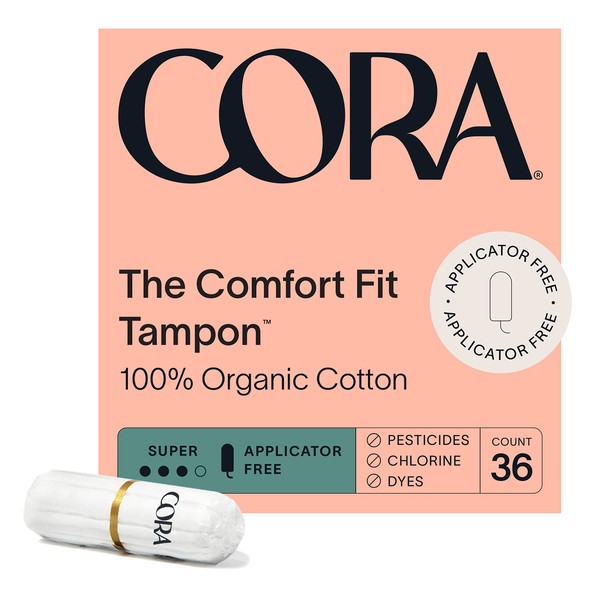 Cora 100% Organic Cotton Non-Applicator Tampons | Ultra-Absorbent, Unscented, Natural, Non-Toxic, Applicator Free | Eco-Conscious S/S+ (36 S Tampons)