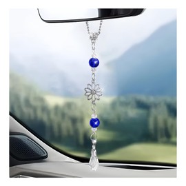 DXNQ Flower Rear View Mirror Car Charms, Crystal Bead Boho Flower Charm Car Window Decor Hanging Ornament, Sun Catcher Cute Flora Interior Rearview Pendant Gifts or Women Men (Dark Blue)
