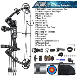 PANDARUS Compound Bow Set 15-45lbs for Pull Beginner and Teens Right Handed Adjustable 18"-29" Draw Length, 320 FPS Speed, Hunting Bow Archery Set New 2024(Black Right Handed PRO)