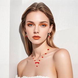 Kamirola Women's Wedding Jewelry Leaf Cluster Flower Crystal Dangle Earrings Pendant Necklace Set for BridalCrystal Bridal Jewelry Set (Gold Red)
