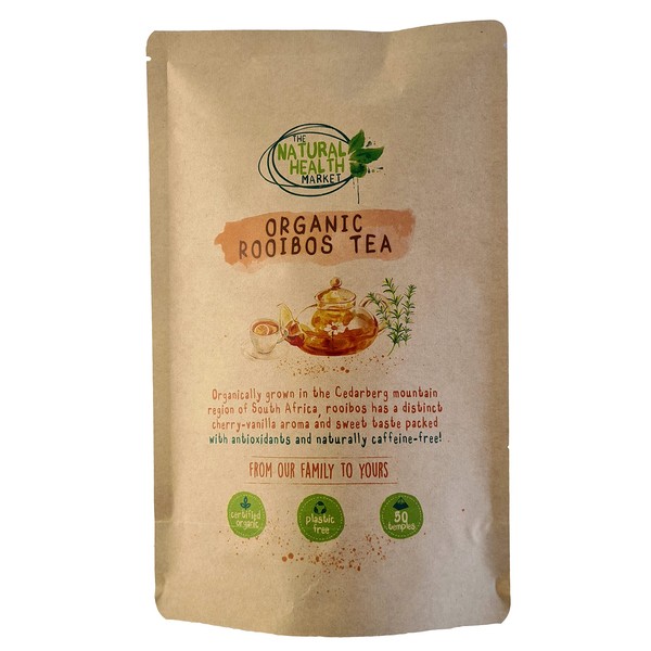 Organic Rooibos Tea aka Redbush Tea By The Natural Health Market - ECO-FRIENDLY PLASTIC-FREE - Plant-Based Pyramid Tea Bag - Recyclable 100% Paper Outer Packaging (50 Tea Bags)