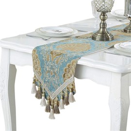 Bettery Home Embroidery Luxury Table Runner Jacquard Fabric Table Runner with Multi-Tassels for Dining Room Dresser Wedding Party Decorations, 13" x 70", Blue