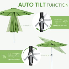 Tempera 9ft Patio Market Outdoor Table Umbrella with Auto Tilt and Crank,Large Sun Umbrella with Sturdy Pole&Fade resistant canopy,Easy to set, Green