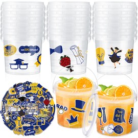 PerKoop 20 Pcs 32 oz Ice Cream Buckets with Lids and Handles Clear Cocktail Rum Buckets with Stickers Plastic Transparent Tub Reusable Food Storage Containers for Parties(Blue)