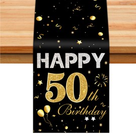 50th Birthday Table Runner, Black Gold Happy 50th Birthday Table Runner Birthday Table Linens Reusable Birthday Table Linens Non-Slip Dining Table Linen Cover Cloth Decor, 180x35cm