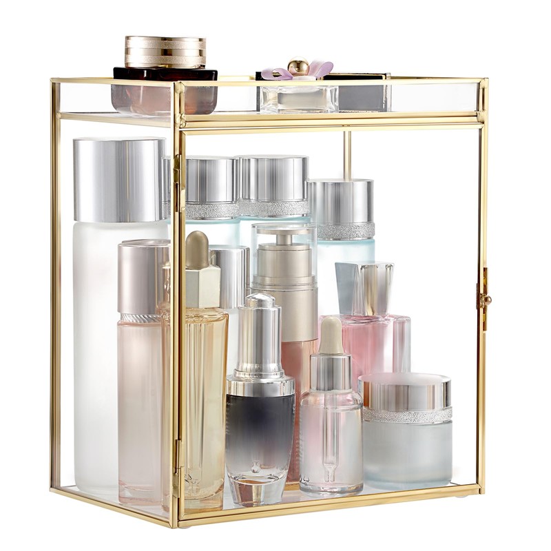 Glass Perfume Organizer Case Gold Cologne Holder with Vanity Tray