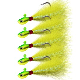 Alwonder 5 Pack Bucktail Jigs, Saltwater Fishing Jig Bucktail Fishing Lures Surf Fishing Jig Heads Swimbait Jigs Halibut Flounder Striper Lures, Chartreuse 2oz…
