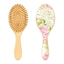 Paddle Brush Hair Brush, Round Wooden Pins Air cushion comb, Scalp massages Detangling Hair Hairbrush for Smoothing Hair Print Bright Pink Roses With Green Leaves On White Design