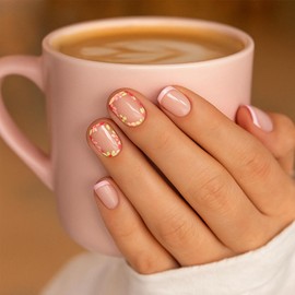 24 Pcs Pink Flower French Tip Press On Nails, Short Oval Shape, Floral Design Natural Base Stick-On Nails with Accessory Tools, Elegant False for Daily Wear Special Occasions (Pink Flower)