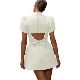 ANKOMINA Women's Elegant Bow Backless Hollow Out Mini Dress Sexy Turtleneck Pad Shoulder Dresses for Party Evening White